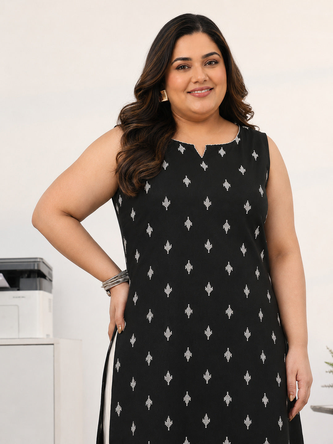 Plus Size Black Ethnic Motifs Printed Cotton Blend Straight Suit Set With Dupatta