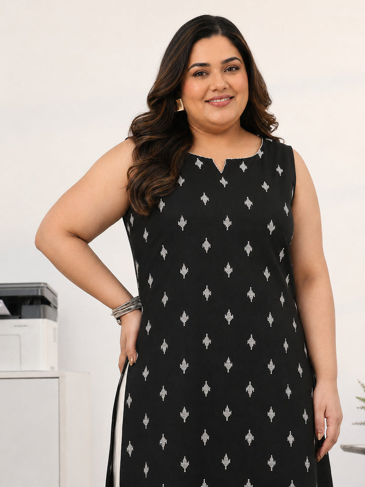 Plus Size Black Ethnic Motifs Printed Cotton Blend Straight Suit Set With Dupatta