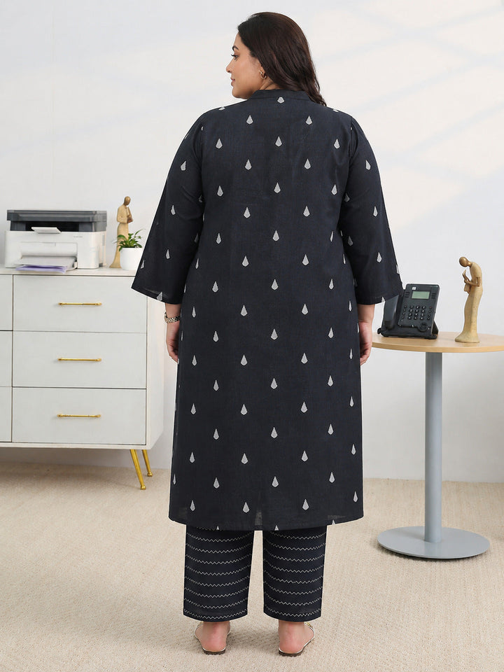 Black Woven Design Cotton Blend A-Line Kurta Set