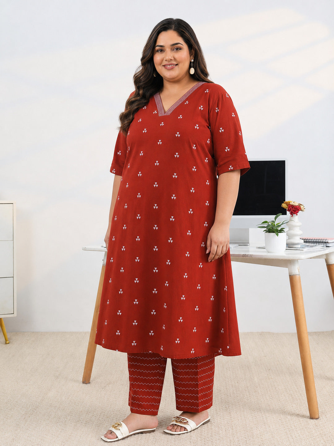 Plus Size Red Woven Design Cotton Blend A-Line Kurta Set