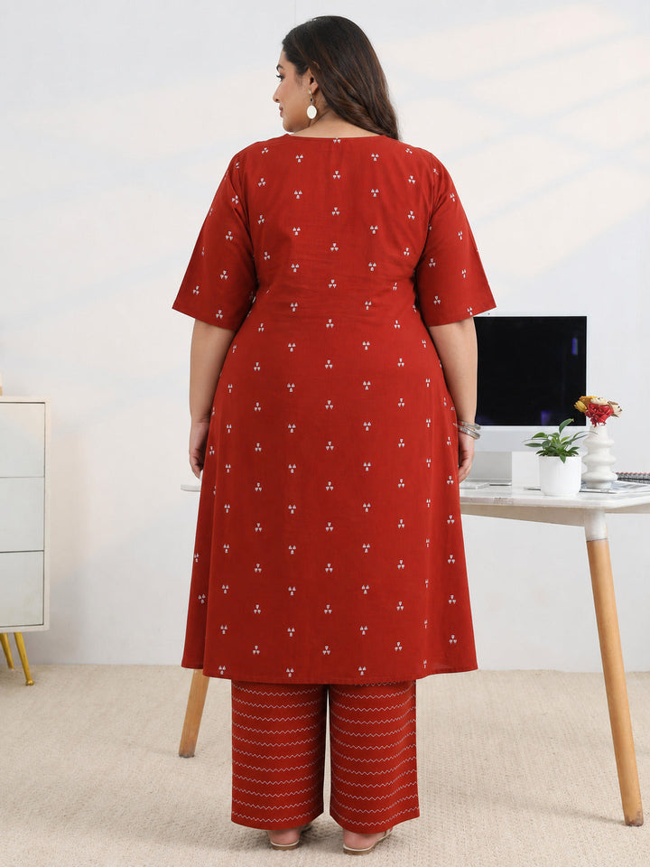 Plus Size Red Woven Design Cotton Blend A-Line Kurta Set