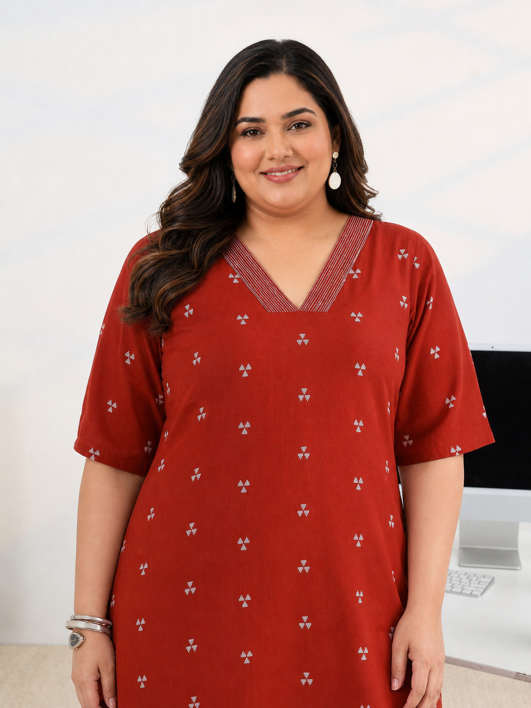Plus Size Red Woven Design Cotton Blend A-Line Kurta Set