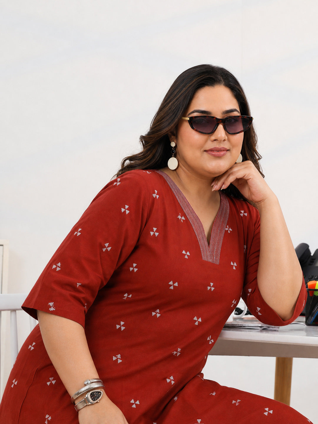 Plus Size Red Woven Design Cotton Blend A-Line Kurta Set