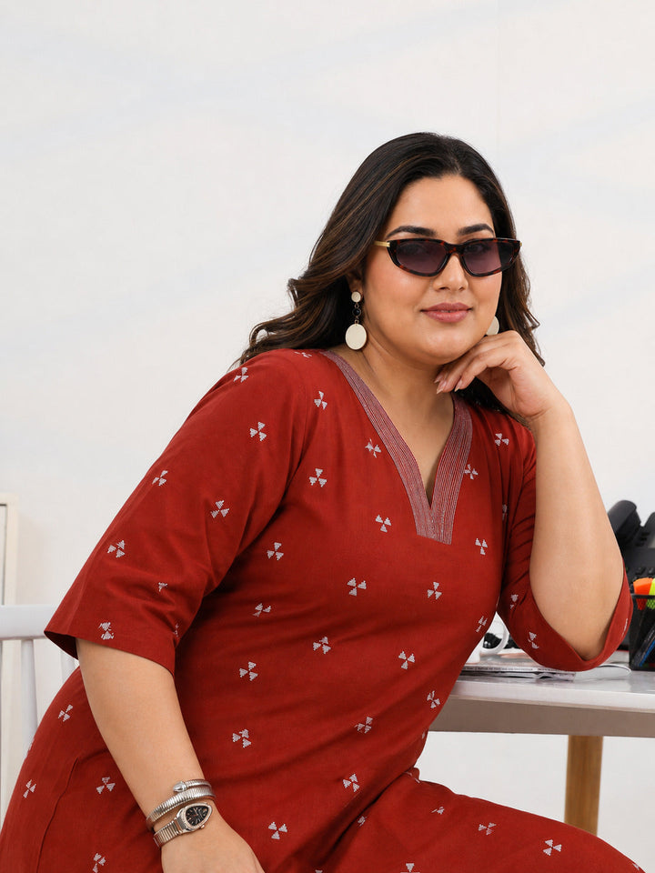 Plus Size Red Woven Design Cotton Blend A-Line Kurta Set