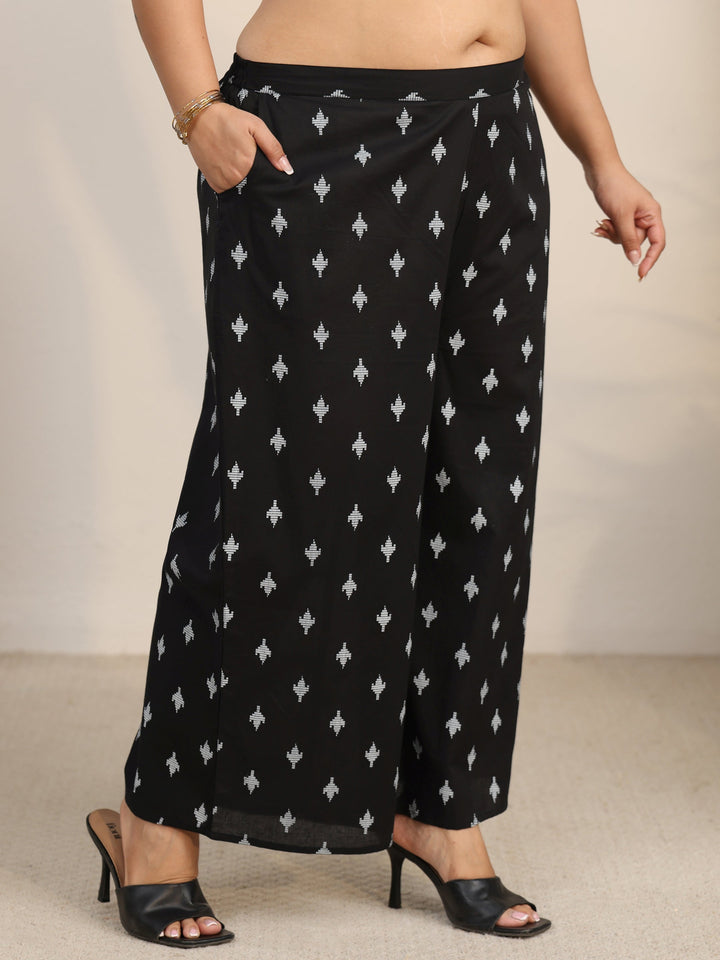 Plus Size Black Floral Printed Cotton Blend Straight Kurta Set