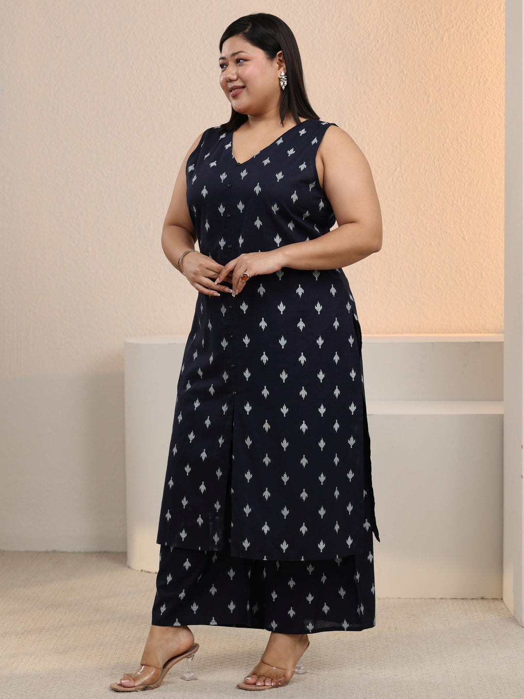 Plus Size Navy Blue Floral Printed Cotton Blend Straight Kurta Set