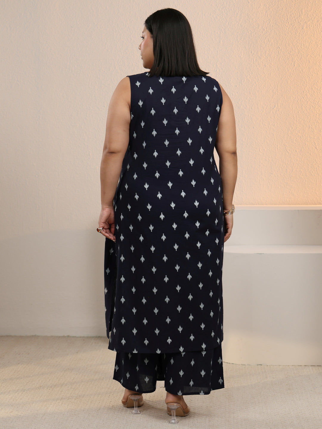 Plus Size Navy Blue Floral Printed Cotton Blend Straight Kurta Set