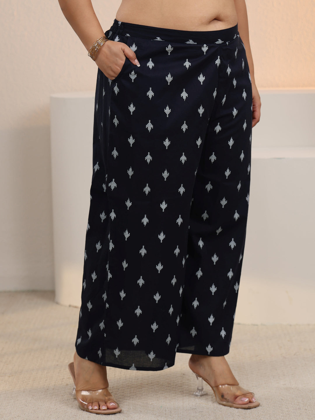 Plus Size Navy Blue Floral Printed Cotton Blend Straight Kurta Set