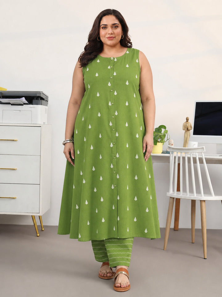 Plus Size Green Floral Woven Design Cotton Blend A-Line Kurta Set