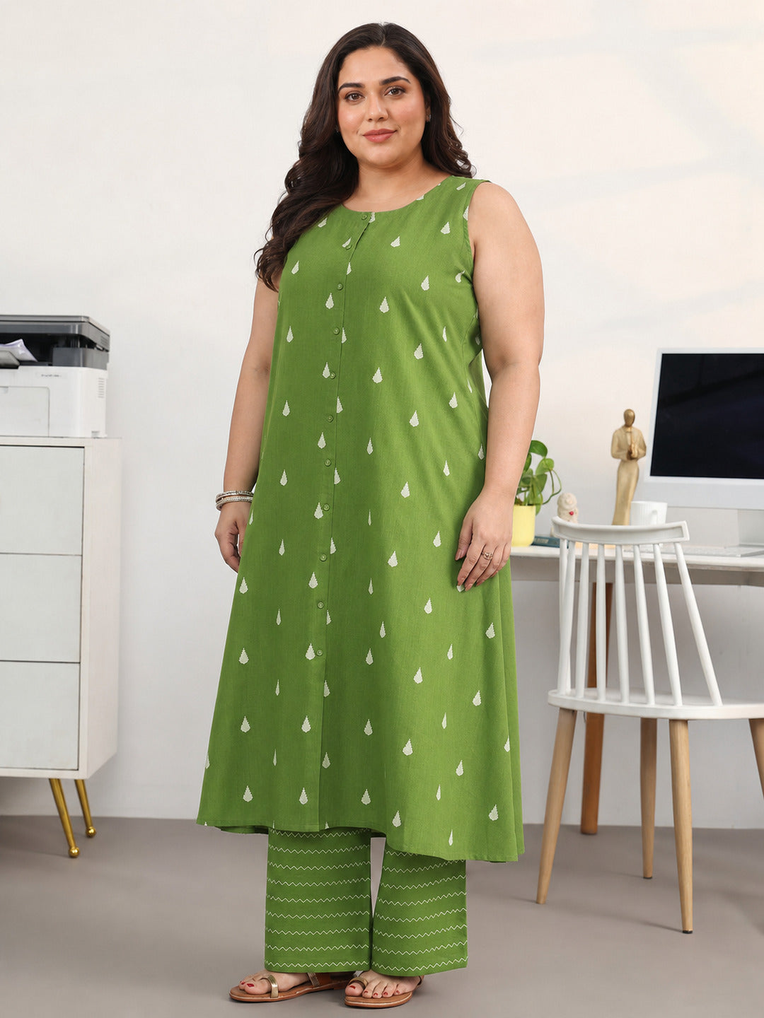 Plus Size Green Floral Woven Design Cotton Blend A-Line Kurta Set