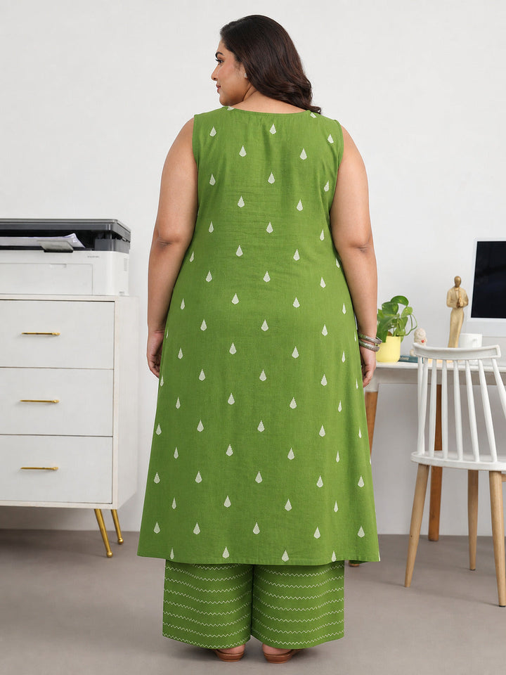 Plus Size Green Floral Woven Design Cotton Blend A-Line Kurta Set