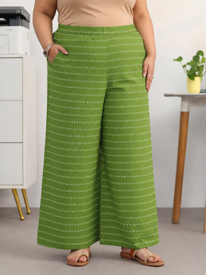 Plus Size Green Floral Woven Design Cotton Blend A-Line Kurta Set
