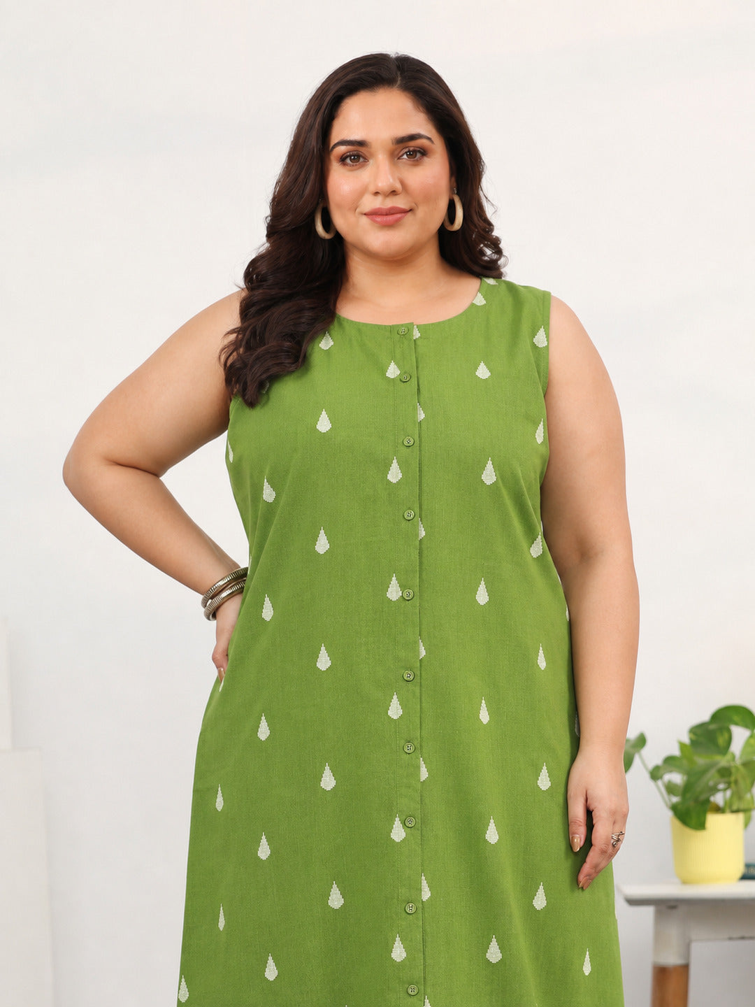 Plus Size Green Floral Woven Design Cotton Blend A-Line Kurta Set