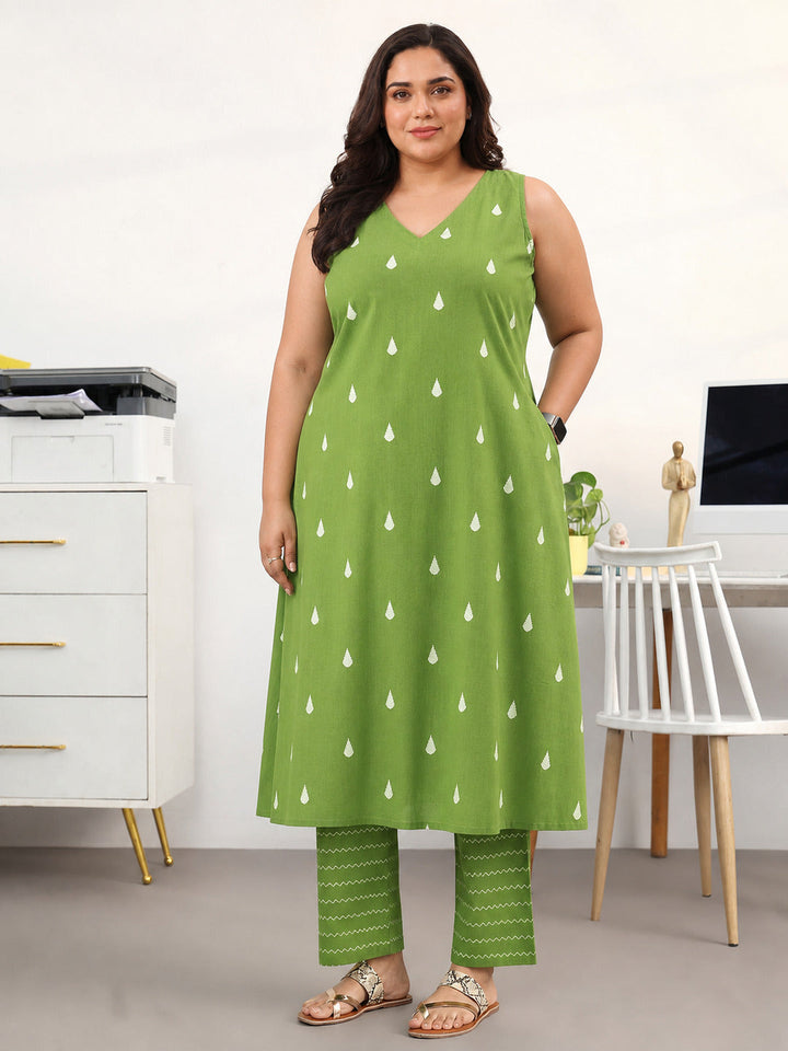 Green Floral Woven Design Cotton Blend A-Line Kurta Set