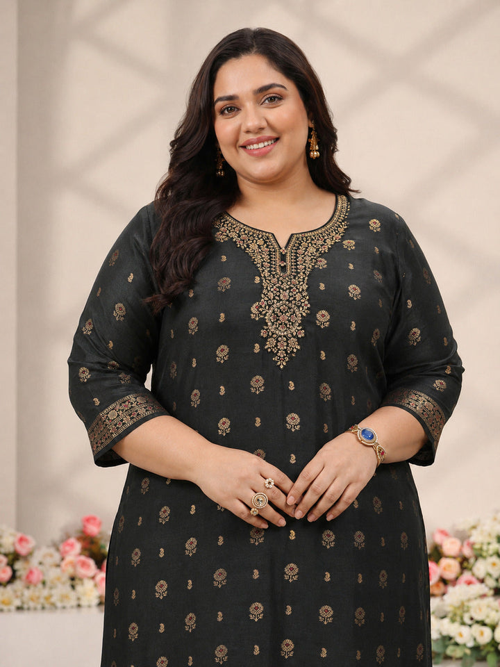 Plus Size Black Floral Woven Design Silk Blend Straight Suit Set With Dupatta