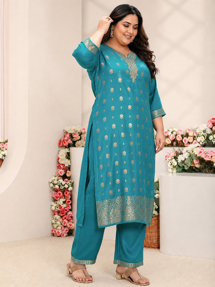 Plus Size Green Floral Woven Design Silk Blend Straight Suit Set With Dupatta