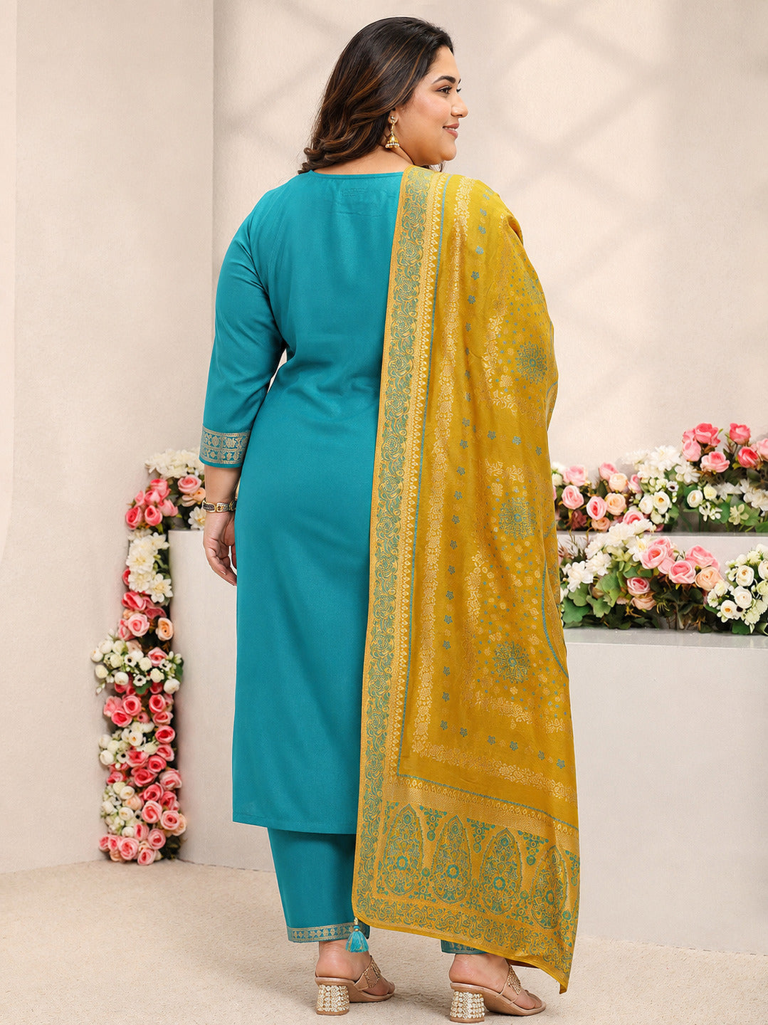 Plus Size Green Floral Woven Design Silk Blend Straight Suit Set With Dupatta