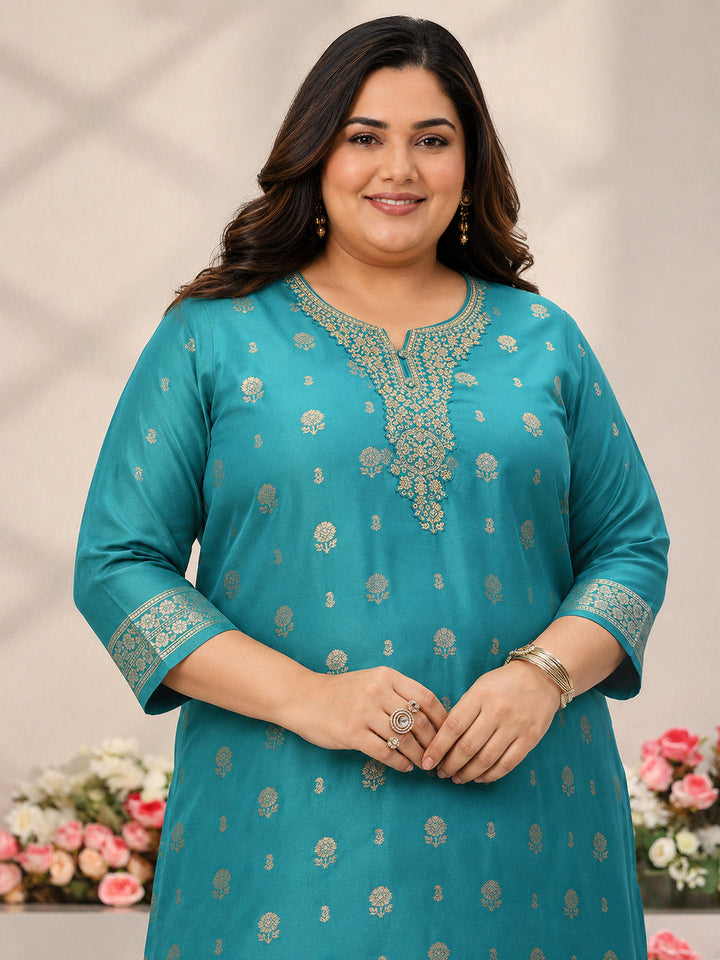 Plus Size Green Floral Woven Design Silk Blend Straight Suit Set With Dupatta
