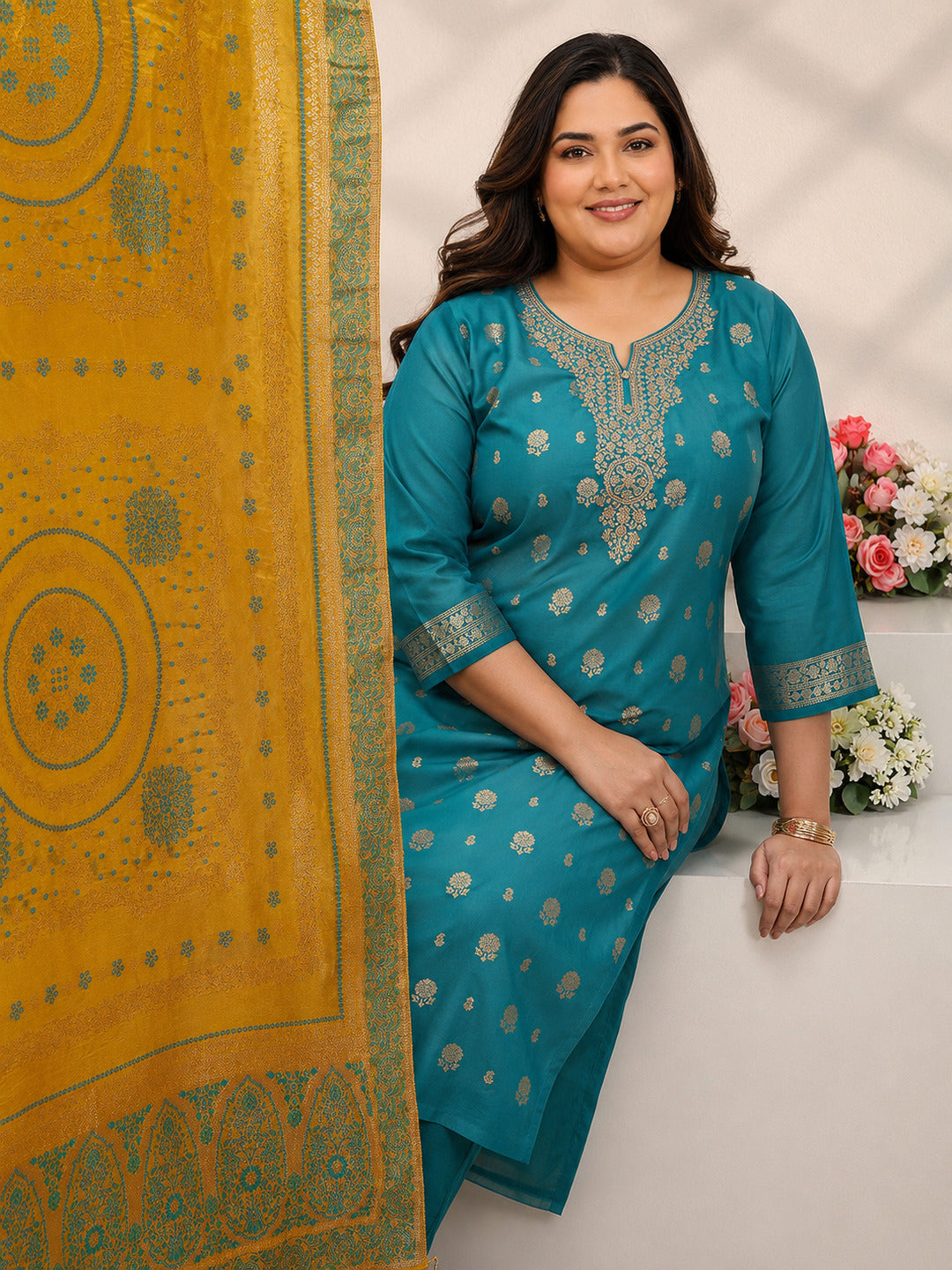 Plus Size Green Floral Woven Design Silk Blend Straight Suit Set With Dupatta