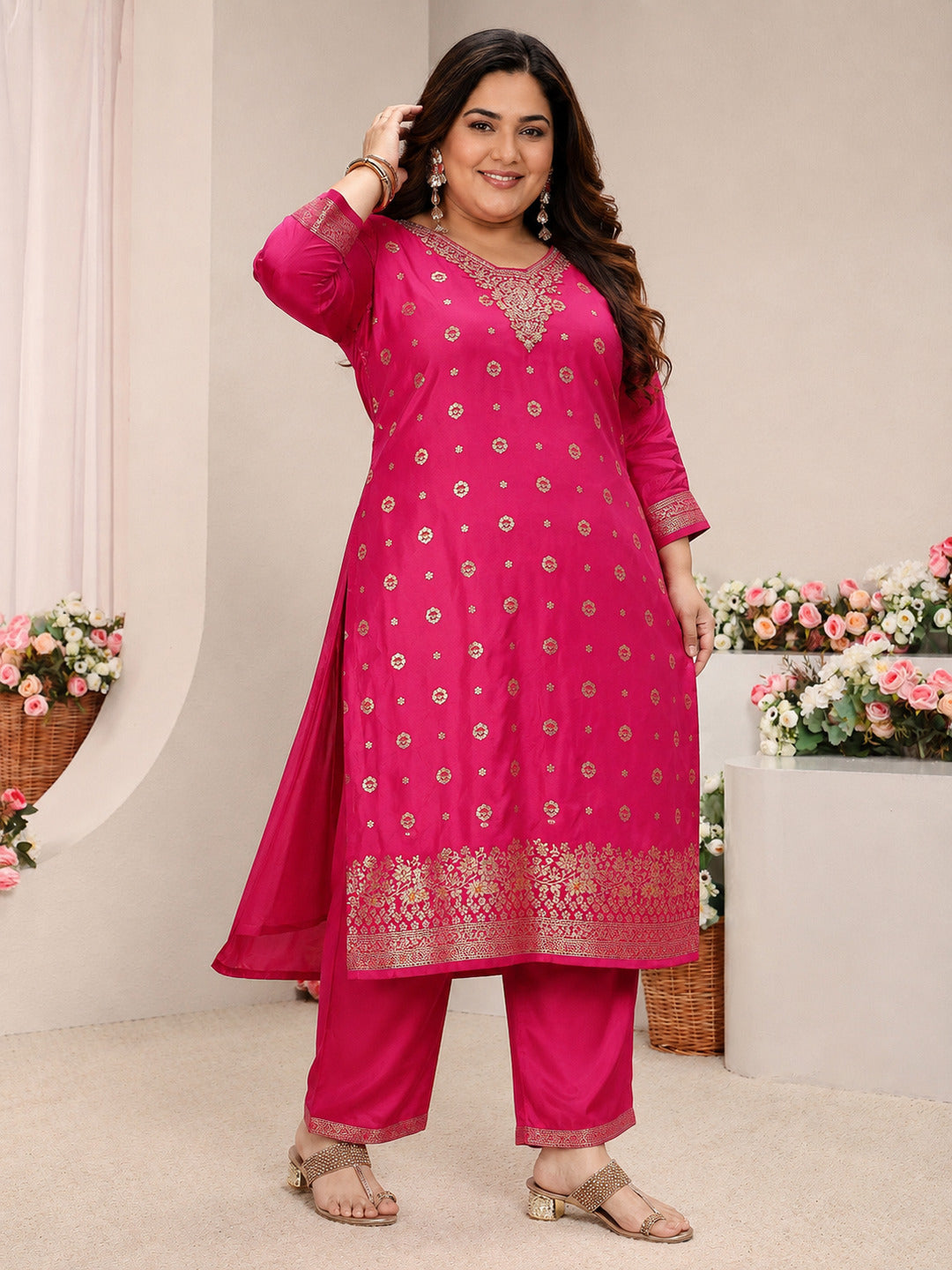 Plus Size Pink Woven Design Silk Blend Straight Suit Set With Dupatta