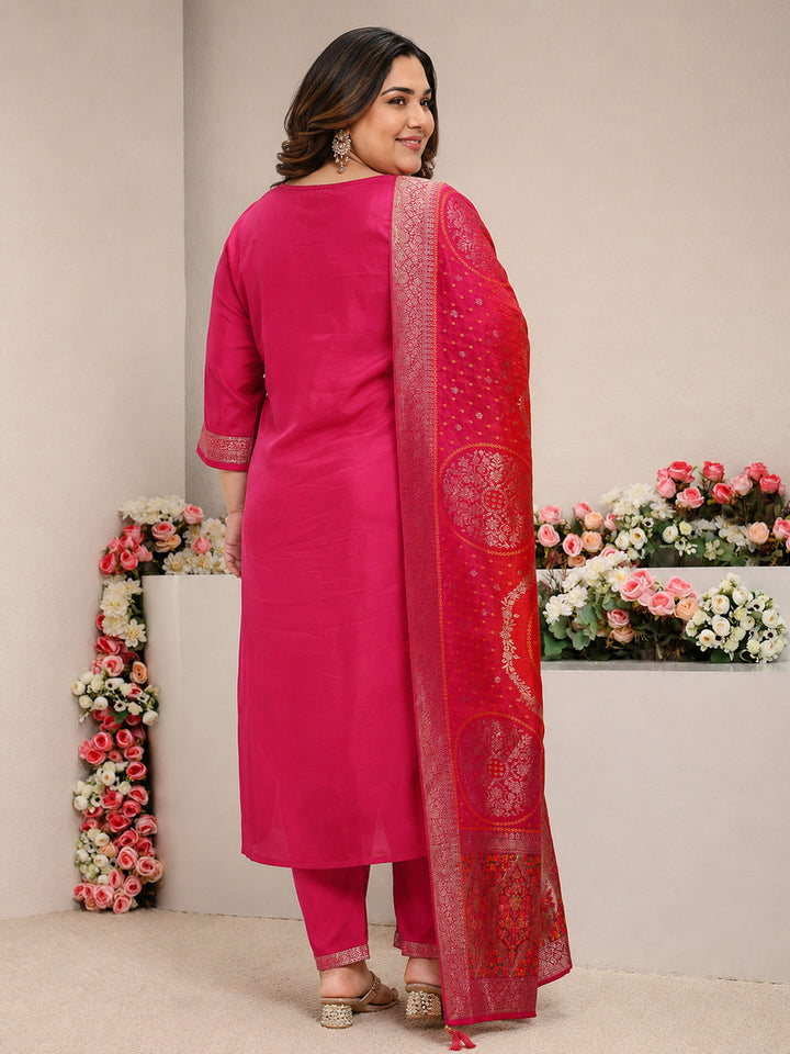 Plus Size Pink Woven Design Silk Blend Straight Suit Set With Dupatta