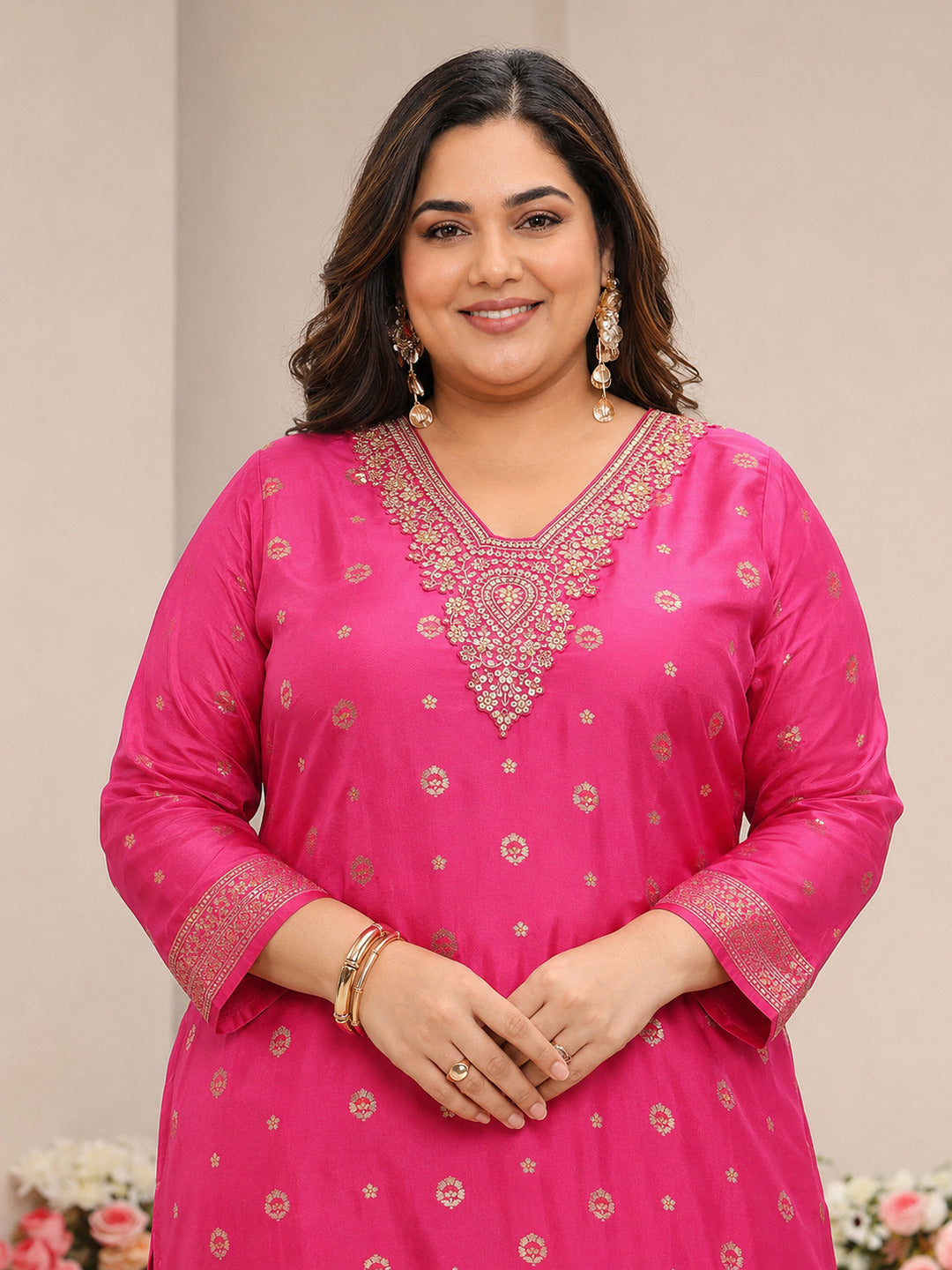 Plus Size Pink Woven Design Silk Blend Straight Suit Set With Dupatta