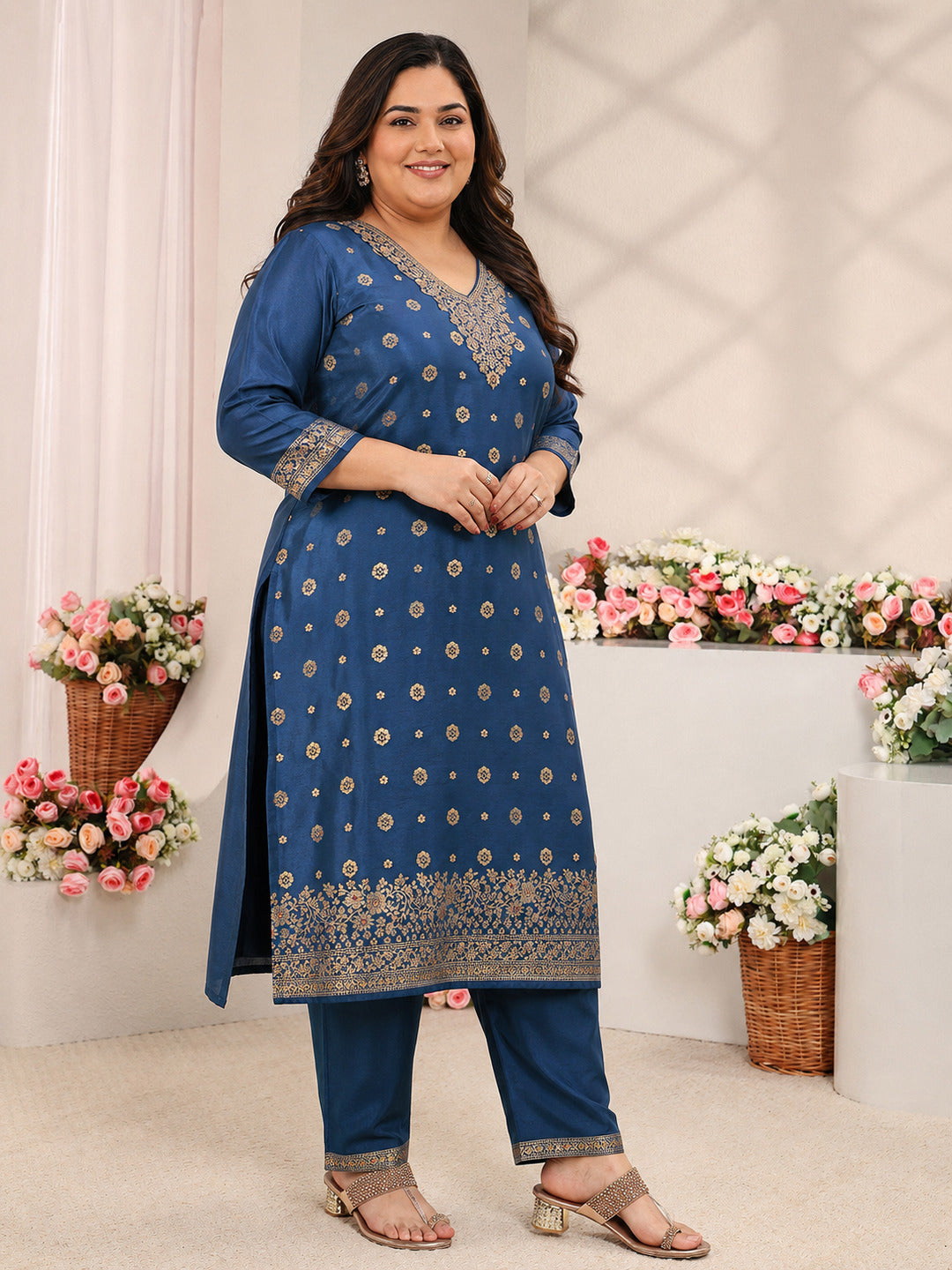Plus Size Blue Woven Design Silk Blend Straight Suit Set With Dupatta