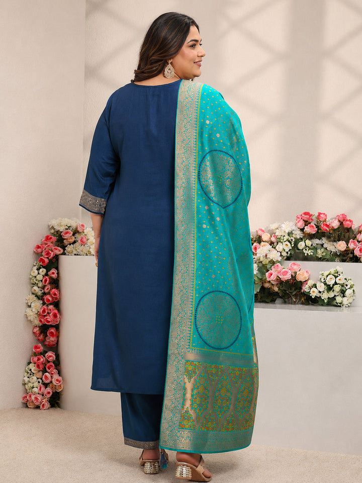 Plus Size Blue Woven Design Silk Blend Straight Suit Set With Dupatta