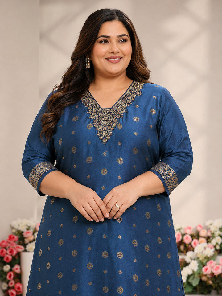 Plus Size Blue Woven Design Silk Blend Straight Suit Set With Dupatta