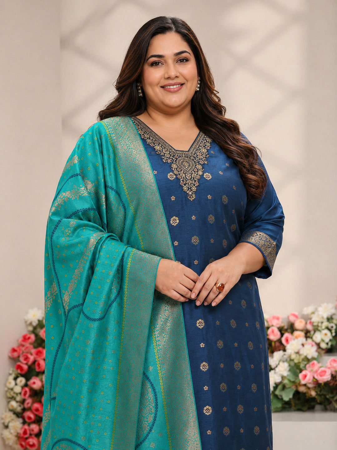 Plus Size Blue Woven Design Silk Blend Straight Suit Set With Dupatta