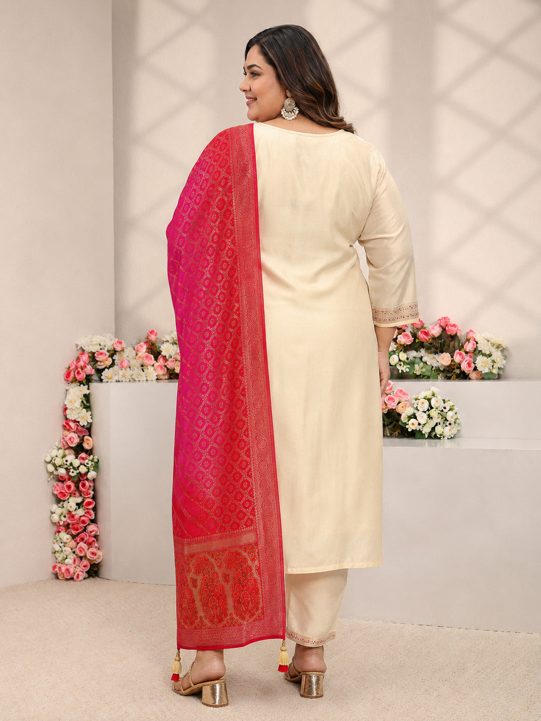 Plus Size Ivory Woven Design Silk Blend Straight Suit Set With Dupatta