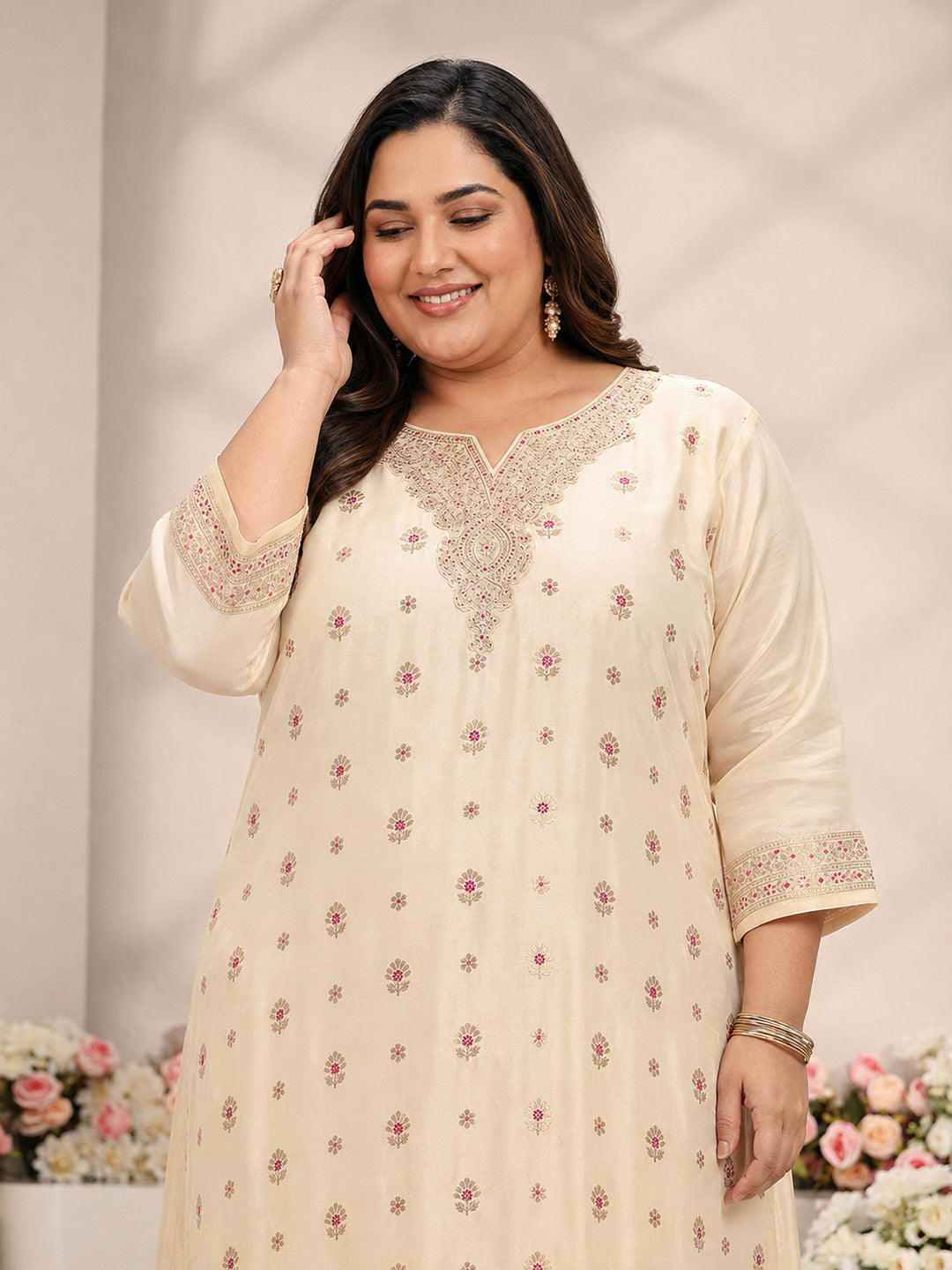 Plus Size Ivory Woven Design Silk Blend Straight Suit Set With Dupatta