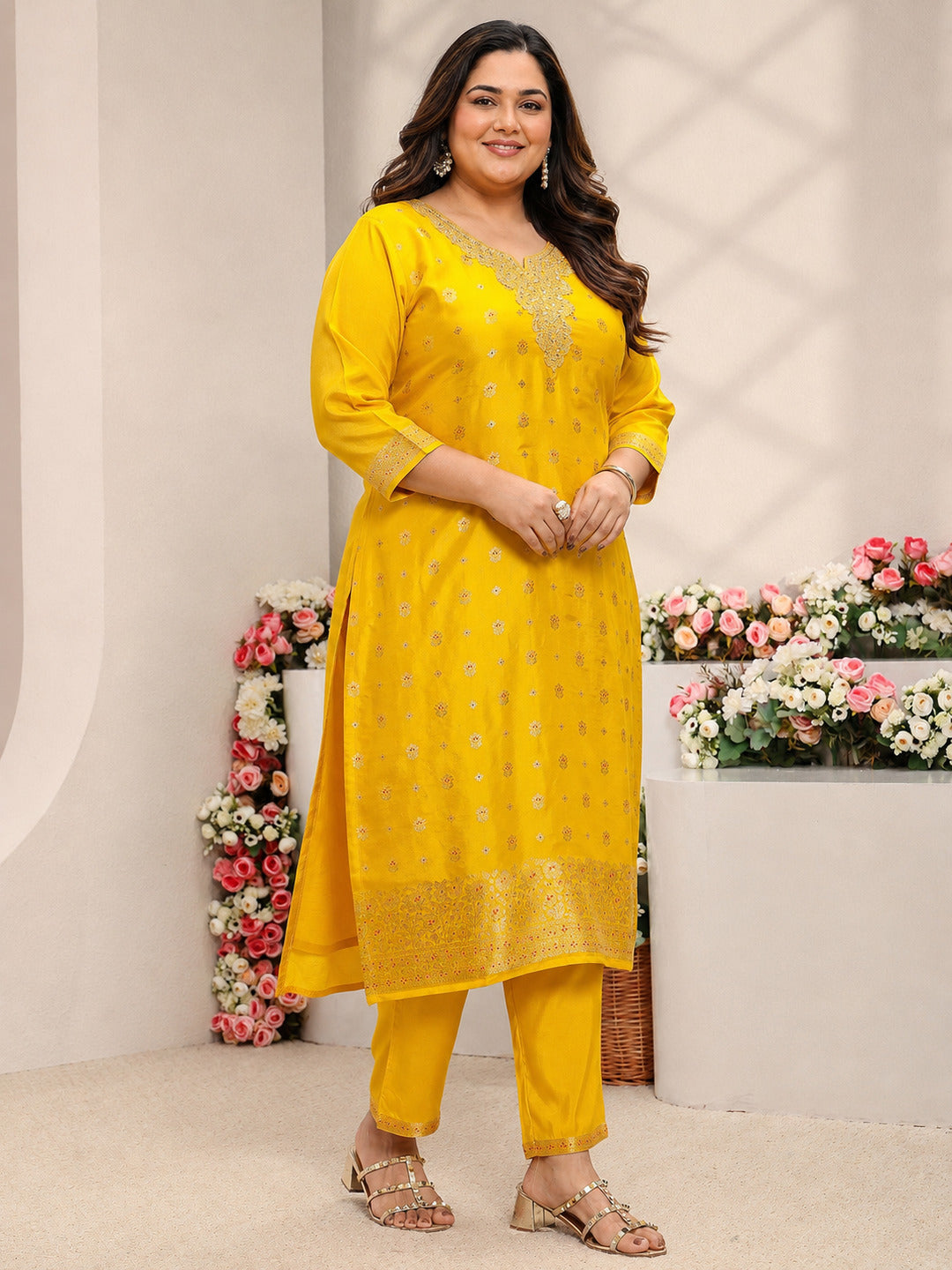 Plus Size Mustard Floral Woven Design Silk Blend Straight Suit Set With Dupatta