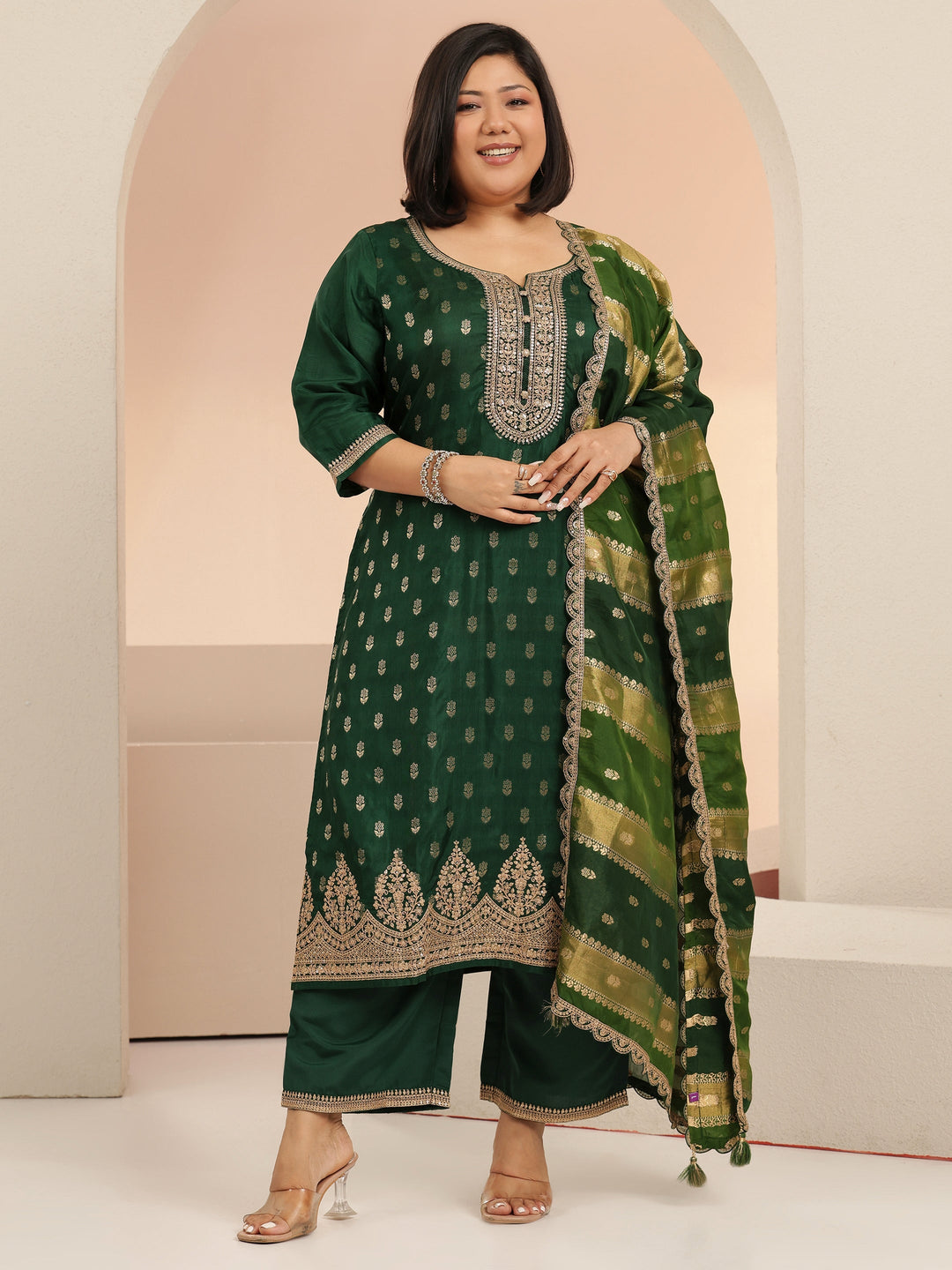 Plus Size Green Woven Design Silk Blend Straight Suit Set With Dupatta