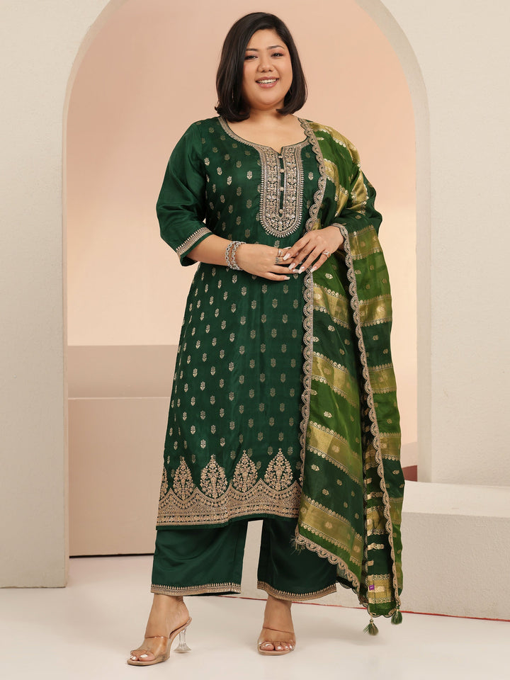 Plus Size Green Woven Design Silk Blend Straight Suit Set With Dupatta