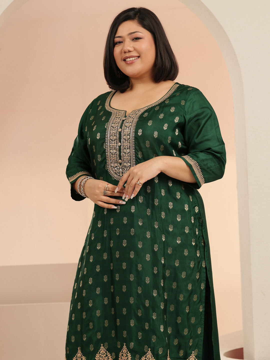 Plus Size Green Woven Design Silk Blend Straight Suit Set With Dupatta