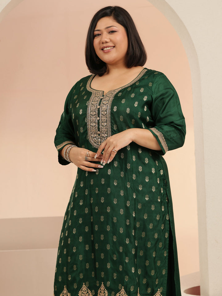 Plus Size Green Woven Design Silk Blend Straight Suit Set With Dupatta