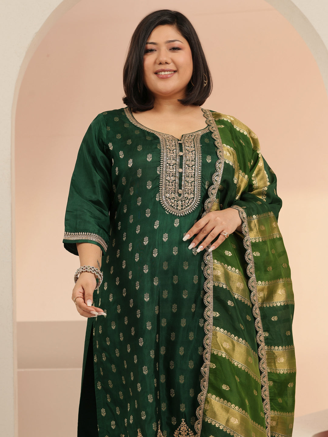 Plus Size Green Woven Design Silk Blend Straight Suit Set With Dupatta