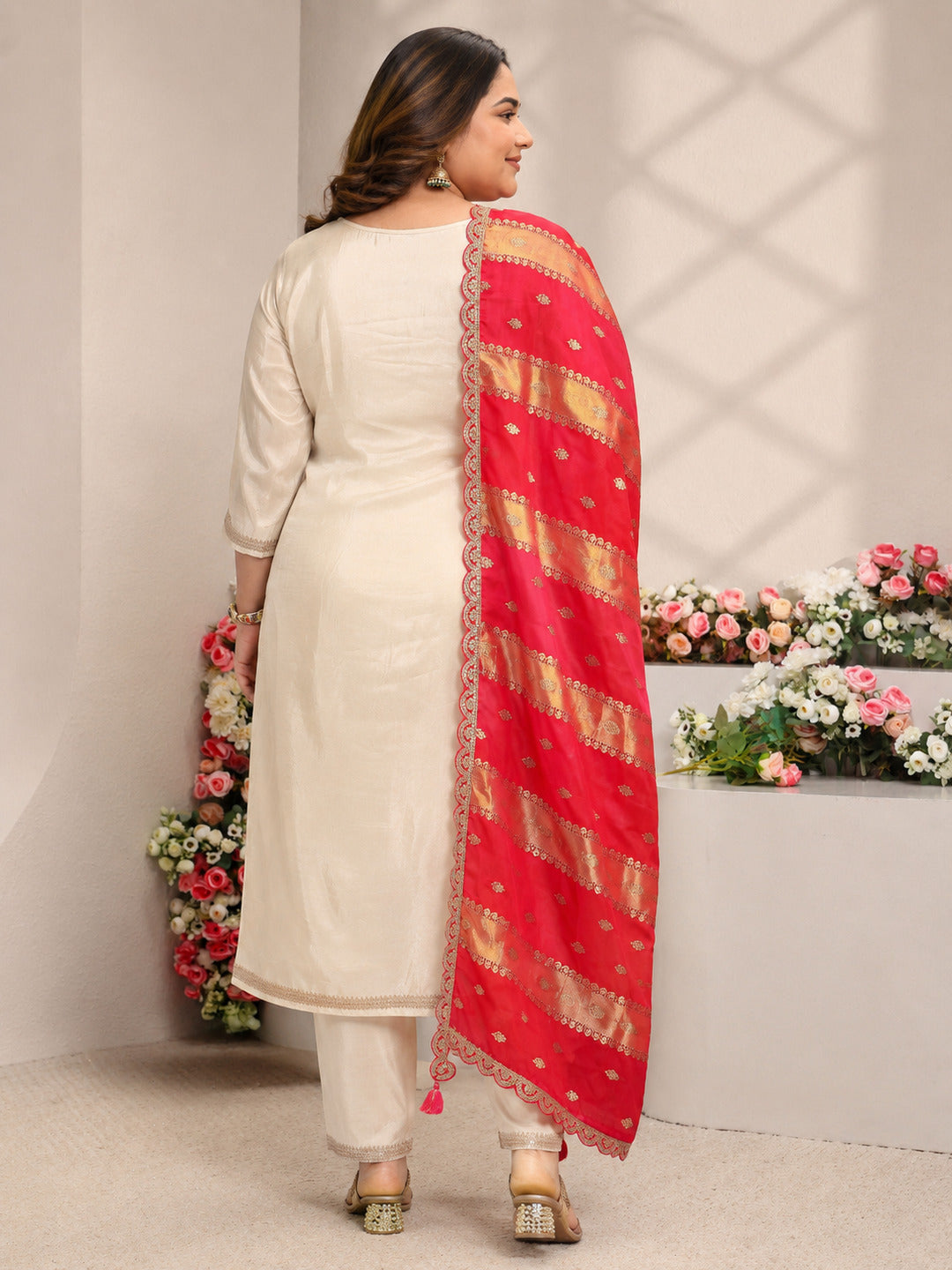 Plus Size Ivory Woven Design Silk Blend Straight Suit Set With Dupatta