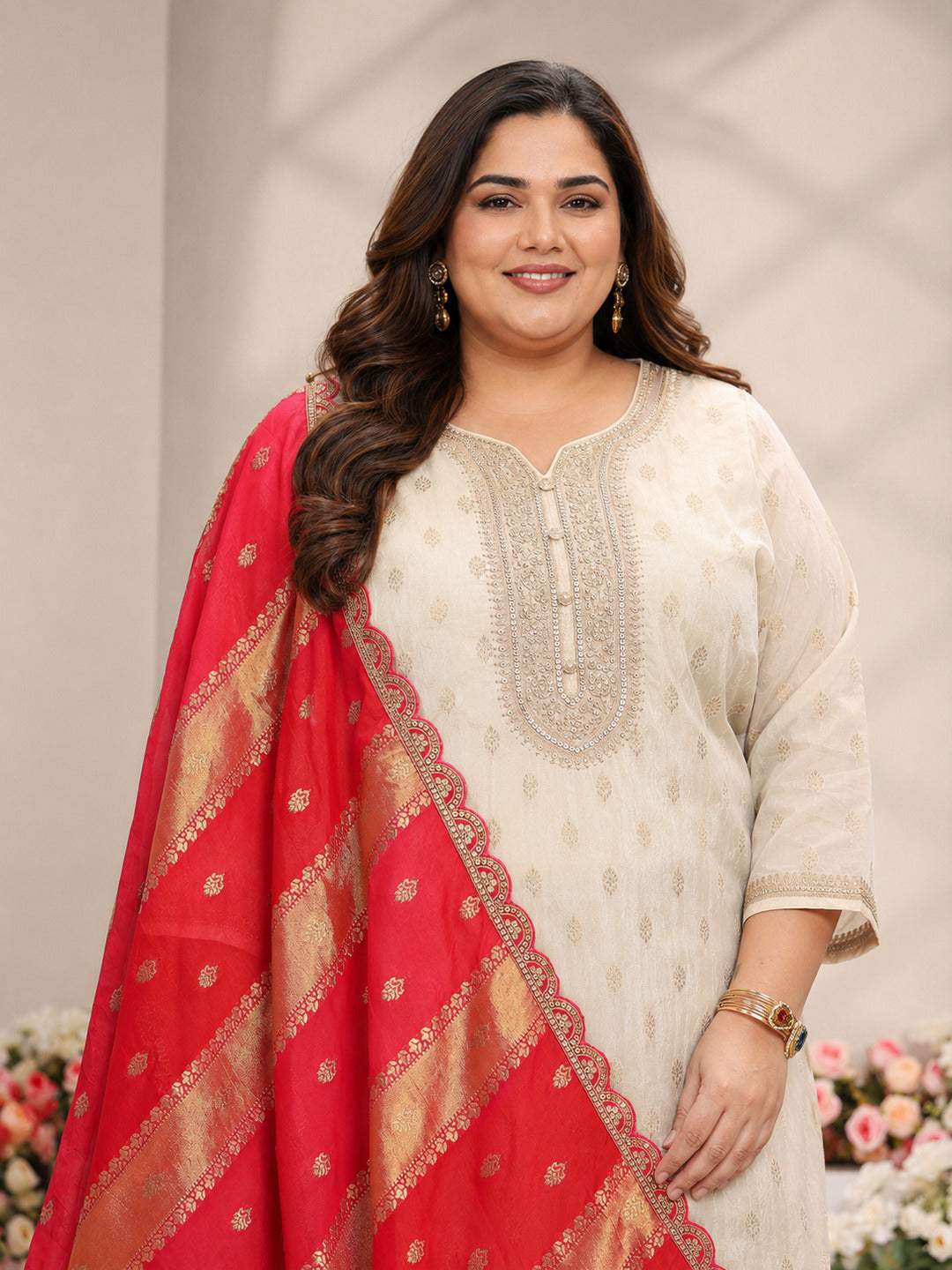 Plus Size Ivory Woven Design Silk Blend Straight Suit Set With Dupatta