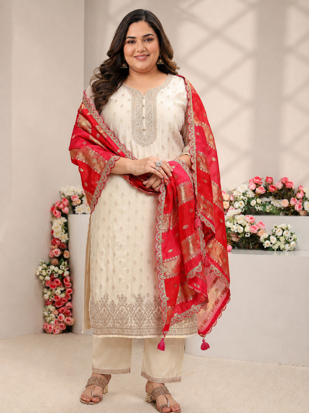 Plus Size Ivory Woven Design Silk Blend Straight Suit Set With Dupatta