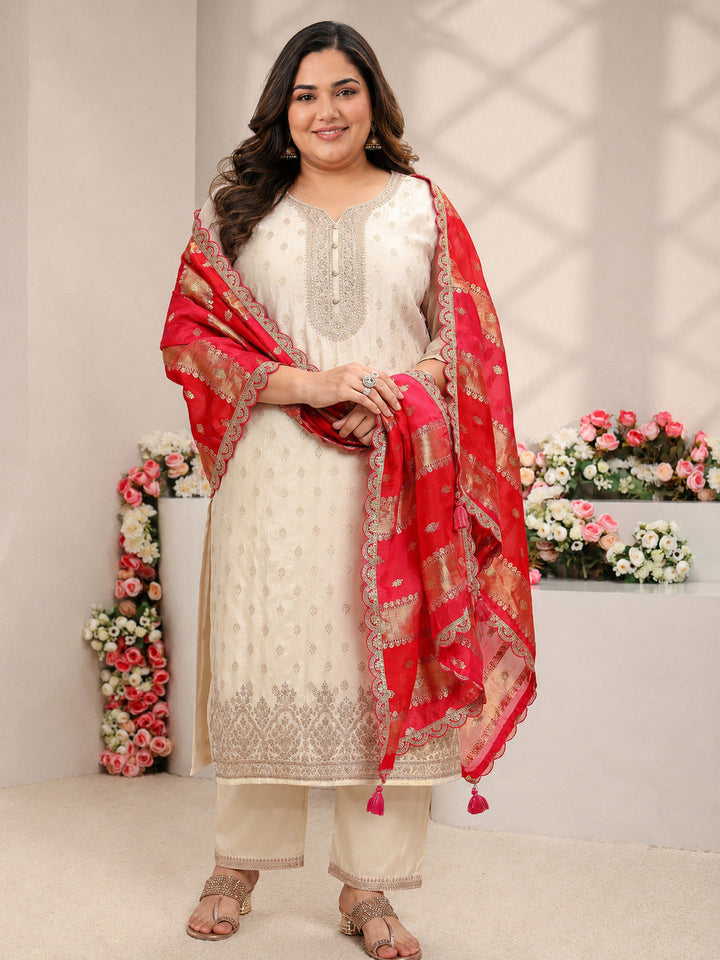 Plus Size Ivory Woven Design Silk Blend Straight Suit Set With Dupatta