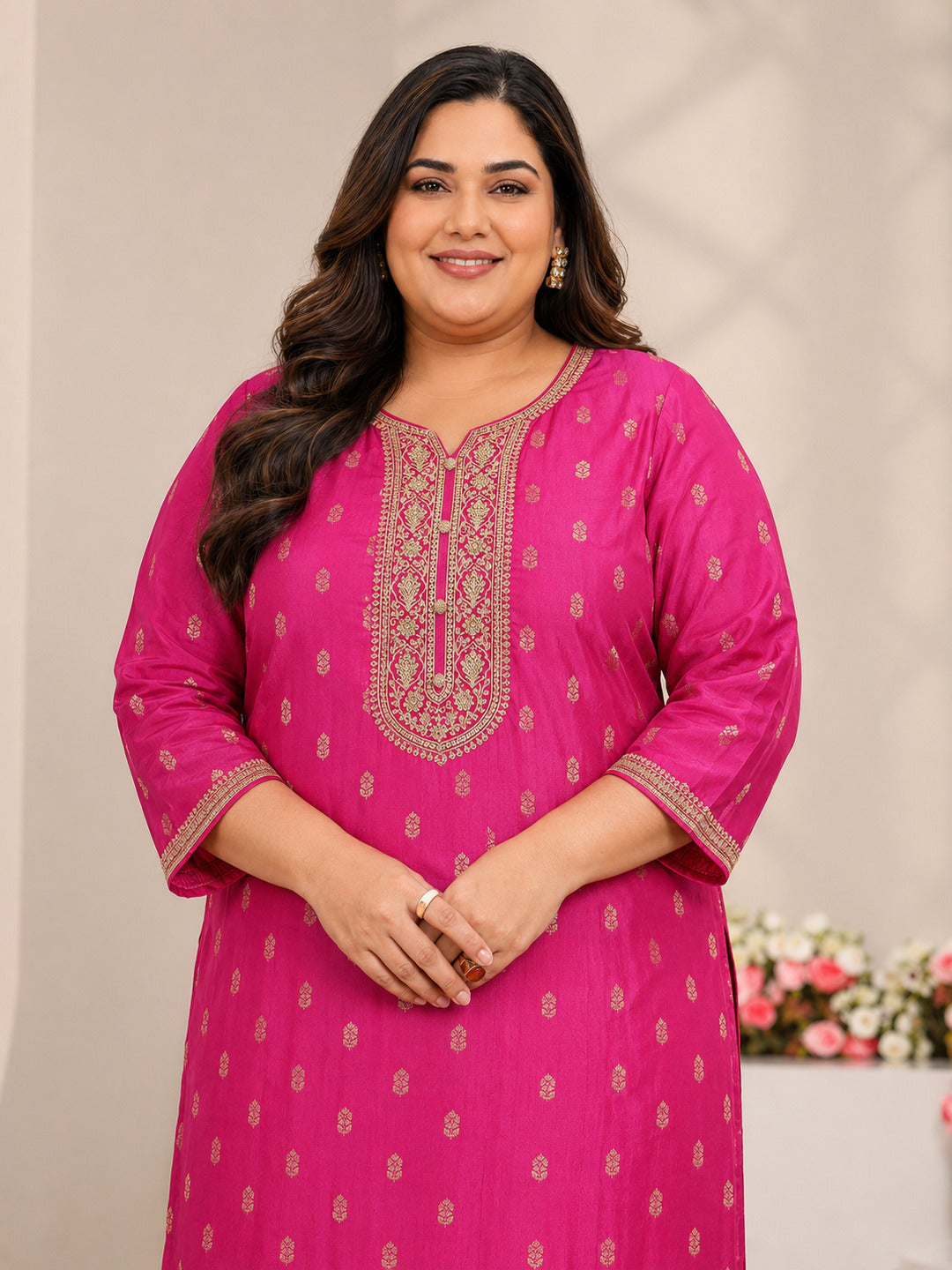 Plus Size Pink Woven Design Silk Blend Straight Suit Set With Dupatta