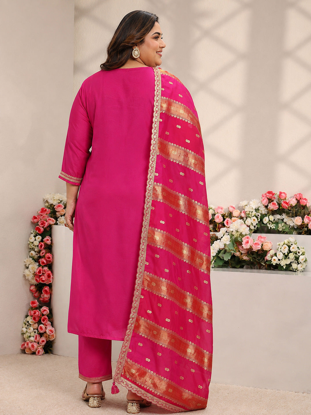 Plus Size Pink Woven Design Silk Blend Straight Suit Set With Dupatta