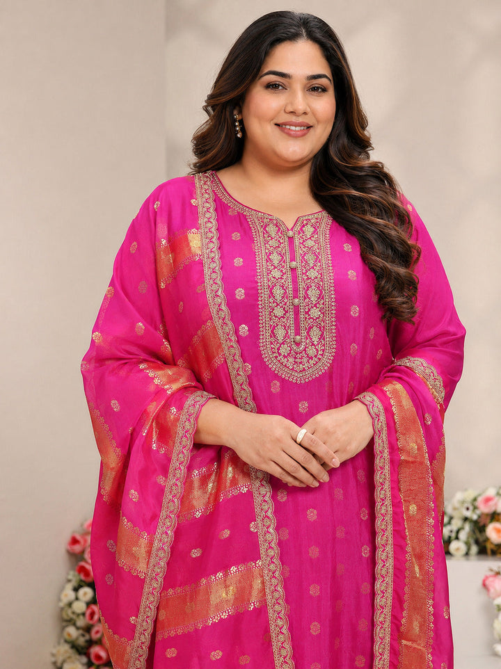 Plus Size Pink Woven Design Silk Blend Straight Suit Set With Dupatta