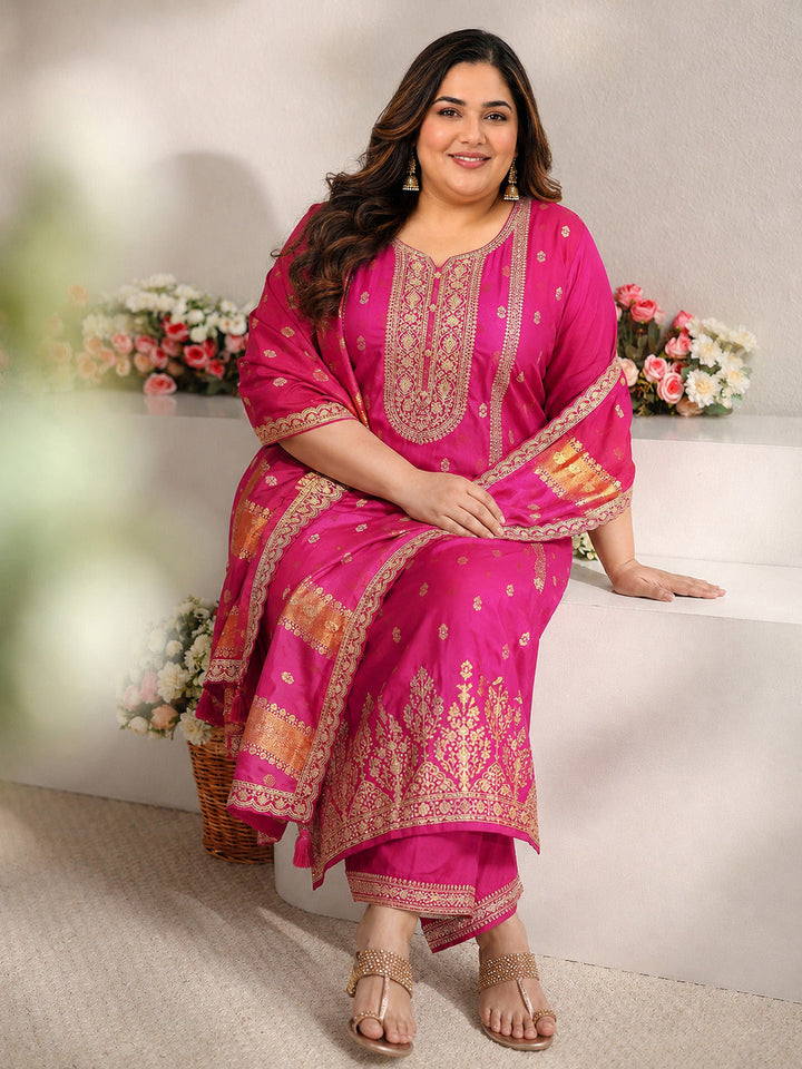 Plus Size Pink Woven Design Silk Blend Straight Suit Set With Dupatta