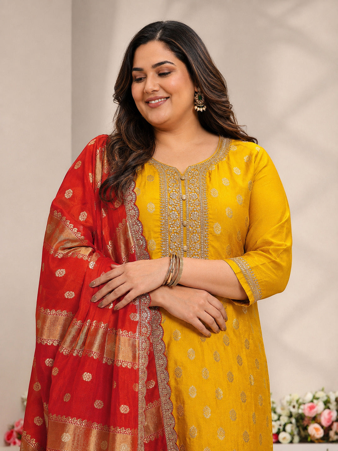 Plus Size Mustard Woven Design Silk Blend Straight Suit Set With Dupatta