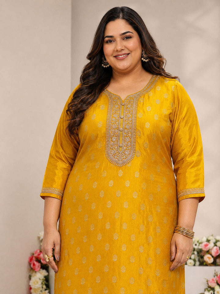 Plus Size Mustard Woven Design Silk Blend Straight Suit Set With Dupatta