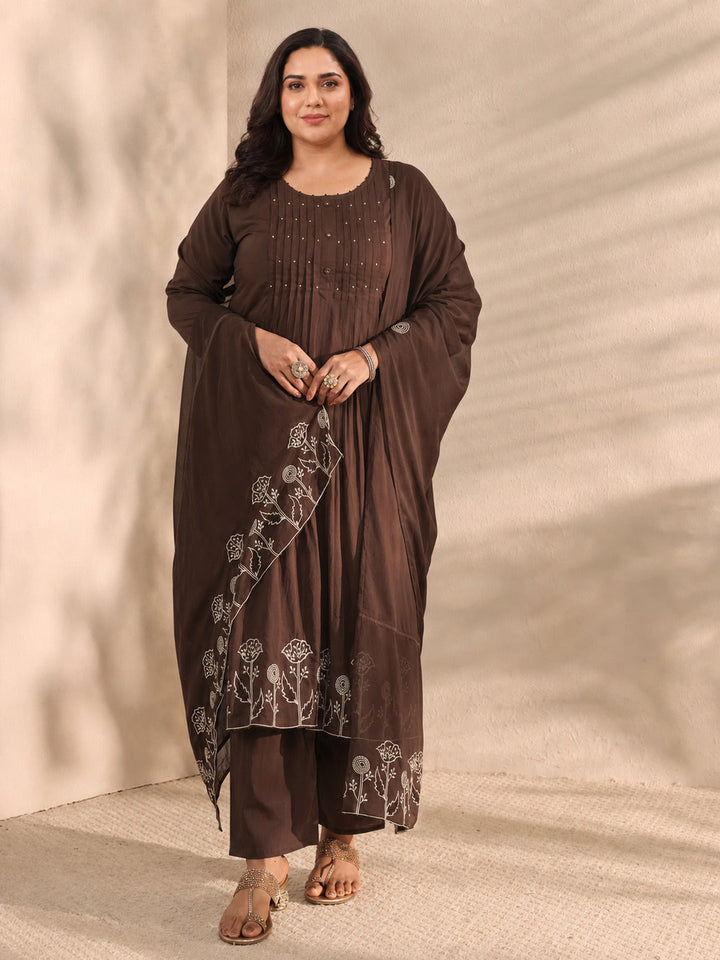 Plus Size Brown Embroidered Cotton A-Line Suit Set With Dupatta