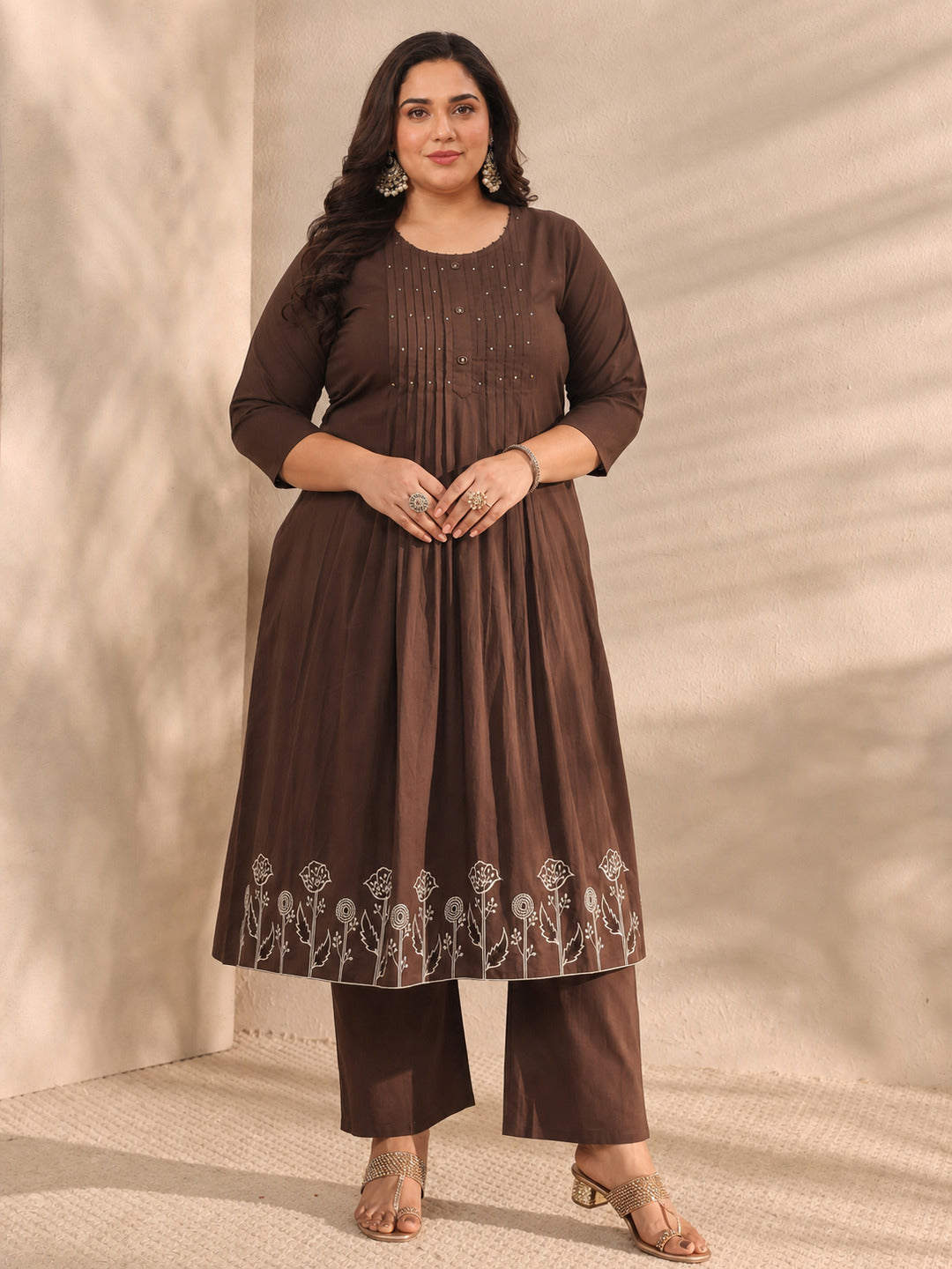 Plus Size Brown Embroidered Cotton A-Line Suit Set With Dupatta